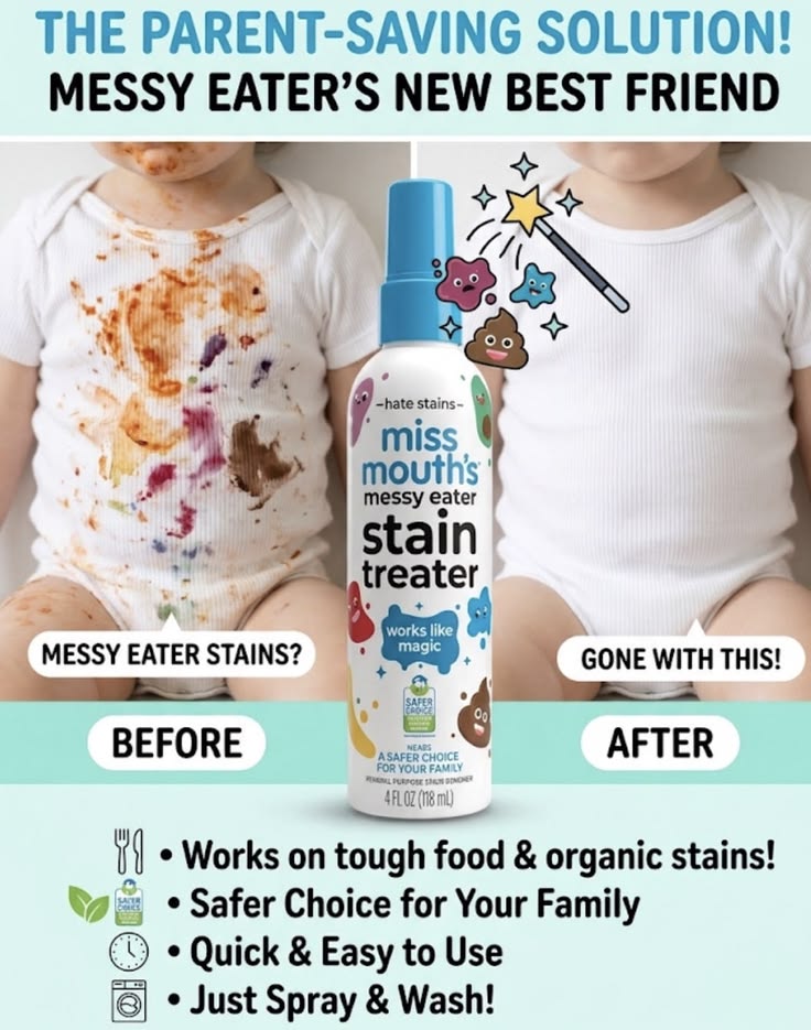IMPORTED ! Miss Mouth's Messy Eater Stain Treater Spray - Stain Remover - Newborn & Baby Essentials - No Dry Cleaning Food, Grease, Coffee Off Laundry, Underwear, Fabric - 100ml (For every color)