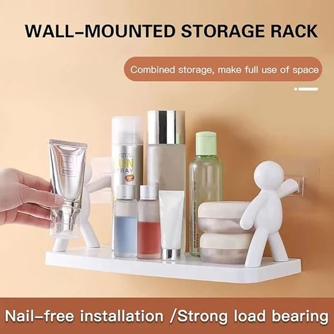 Multifunctional Self Adhesive Creative Character Shelves Bathroom Wall Mounted Shelf | Storage Rack for Bathroom, Kitchen & Room - 1 Pc (White)