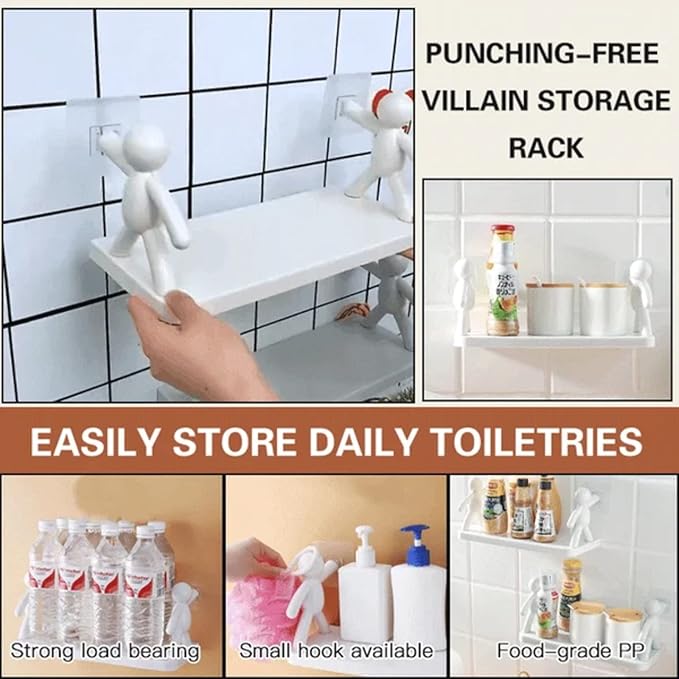 Multifunctional Self Adhesive Creative Character Shelves Bathroom Wall Mounted Shelf | Storage Rack for Bathroom, Kitchen & Room - 1 Pc (White)