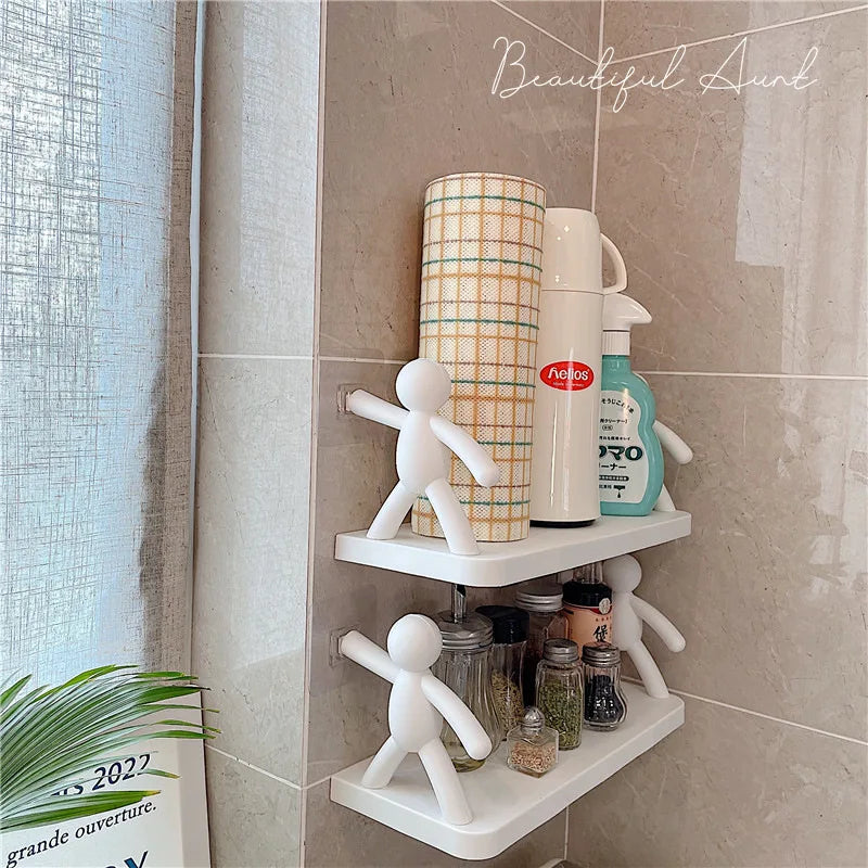 Multifunctional Self Adhesive Creative Character Shelves Bathroom Wall Mounted Shelf | Storage Rack for Bathroom, Kitchen & Room - 1 Pc (White)