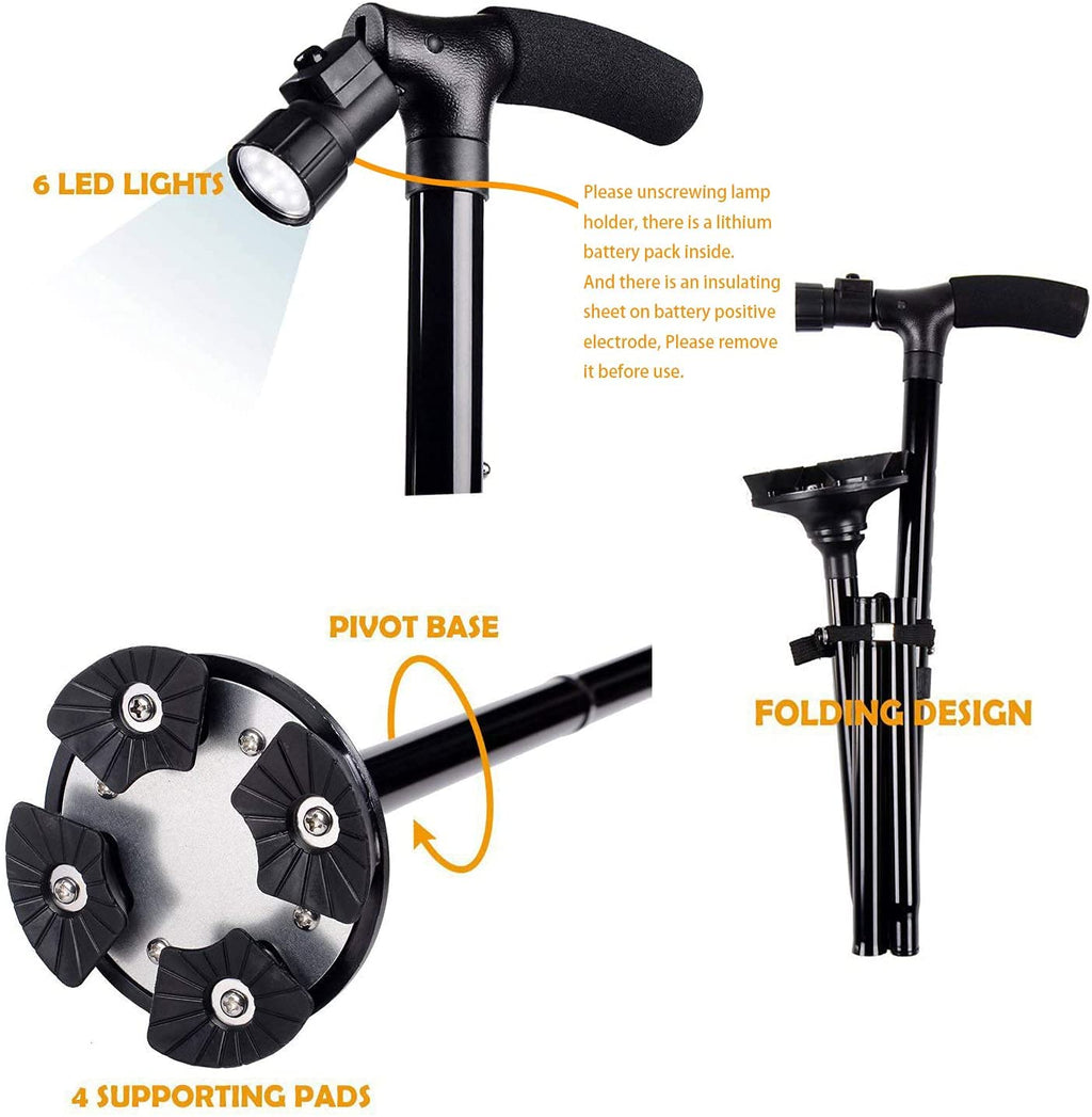 Walking Stick with LED Light & Aluminium Handle For Adults or old Peoples Black