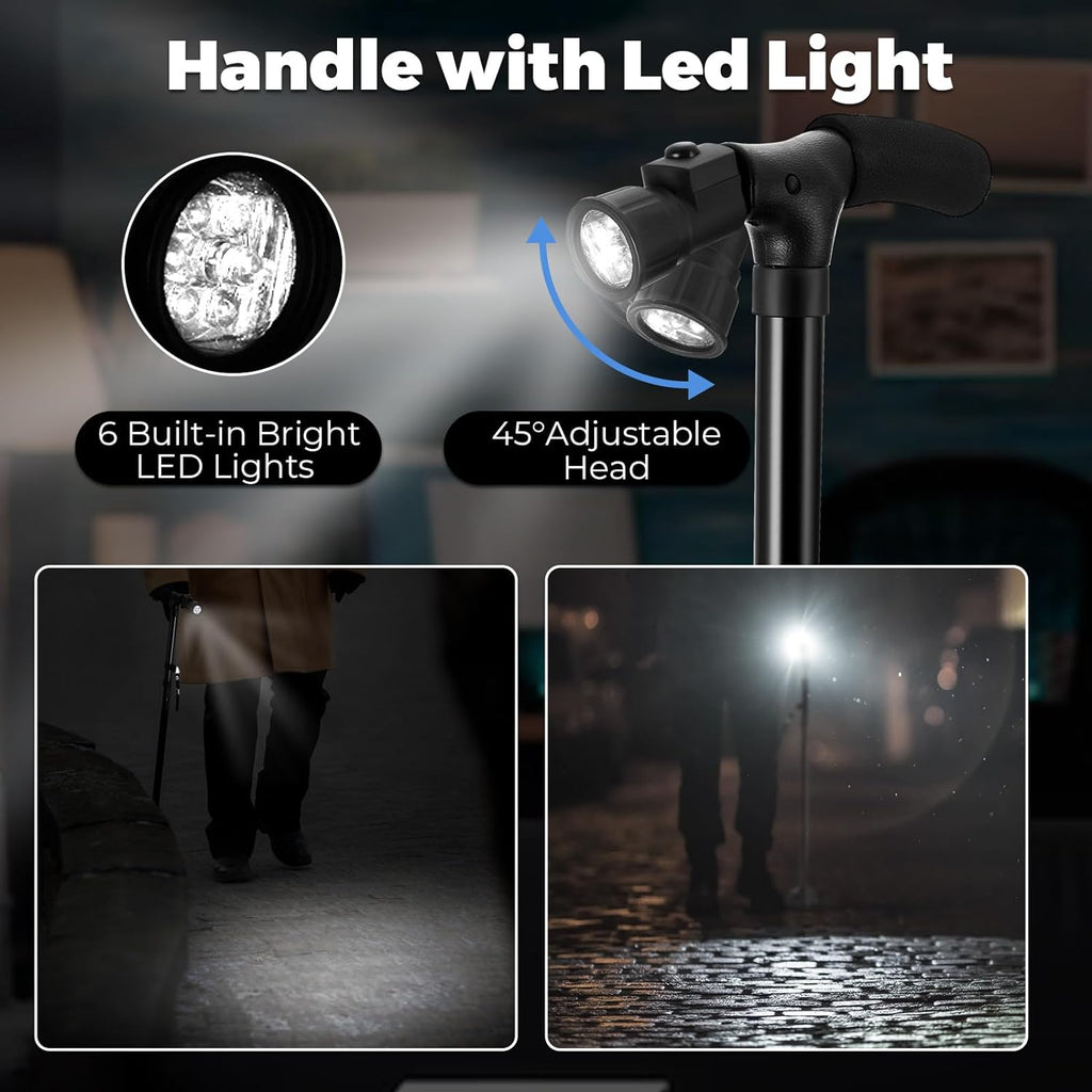 Walking Stick with LED Light & Aluminium Handle For Adults or old Peoples Black