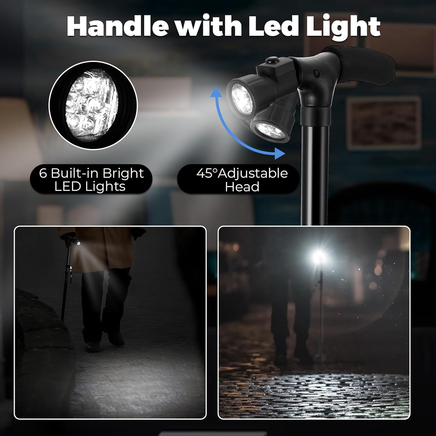 Walking Stick with LED Light & Aluminium Handle For Adults or old Peoples Black