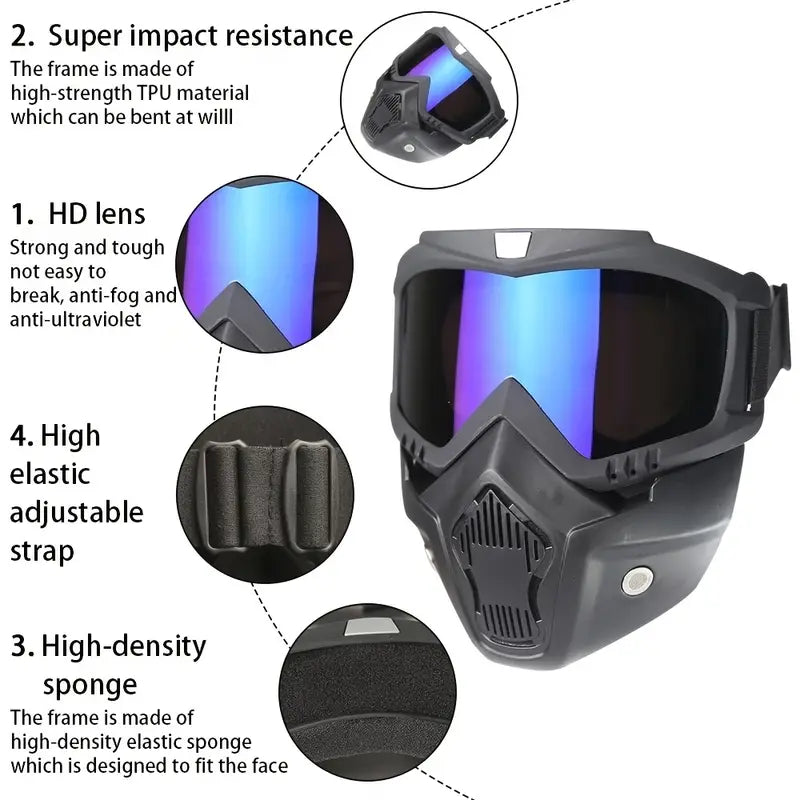 Motorcycle Goggles with Removable Full Face Mask Riding Glasses Dirt Bike ATV Motocross Detachable Eyewear