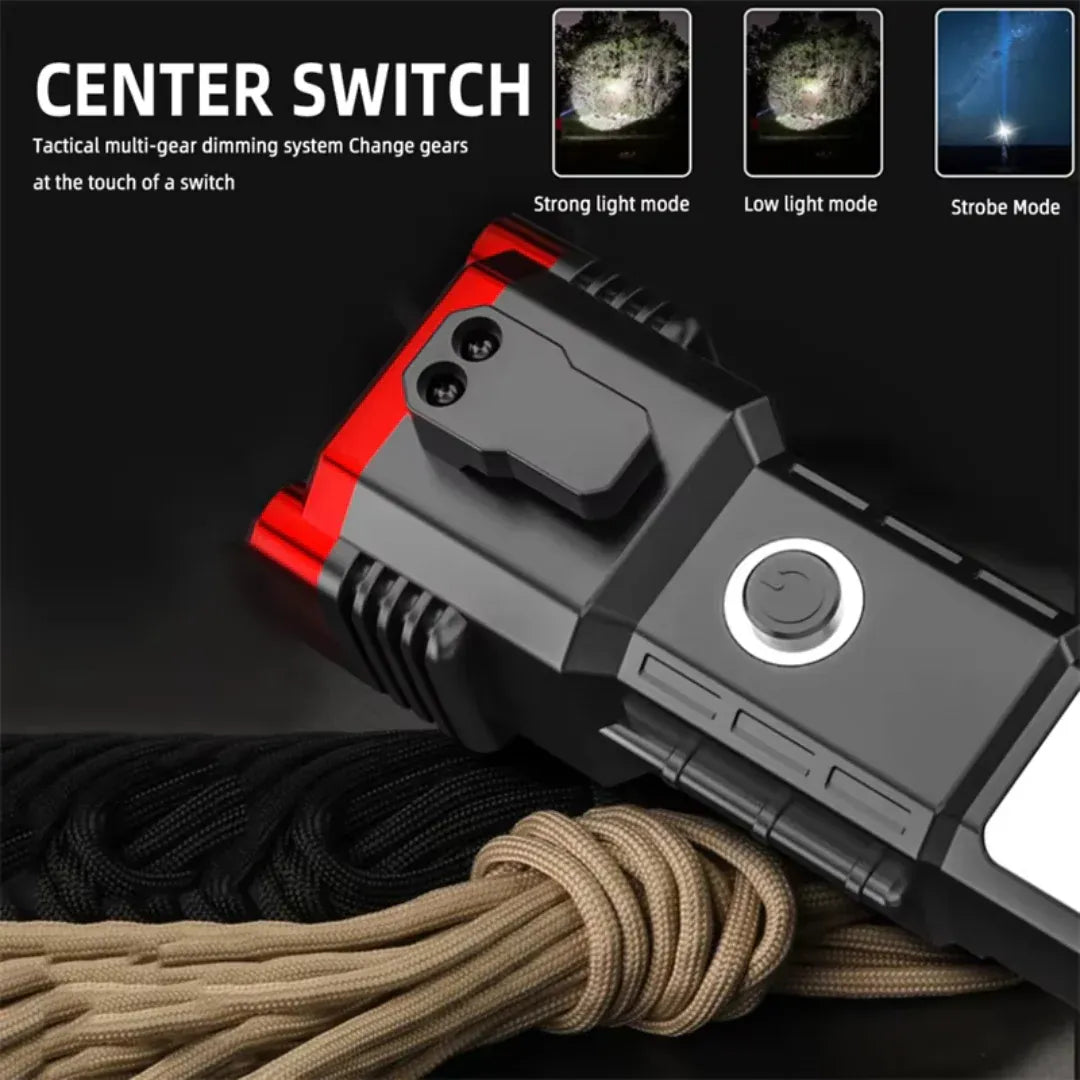 High Power LED Torch Light Rechargeable Flashlight With Tactical Hammer And Power Bank Providing Strong Brightness