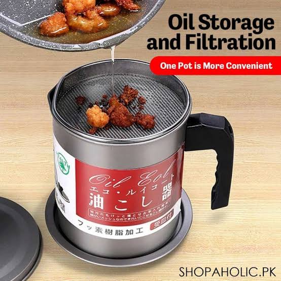High Quality 1.4L Fryer Oil Filter Pot – Carbon Steel Oil Can with Stainless Steel Strainer Kitchen Storage Jug