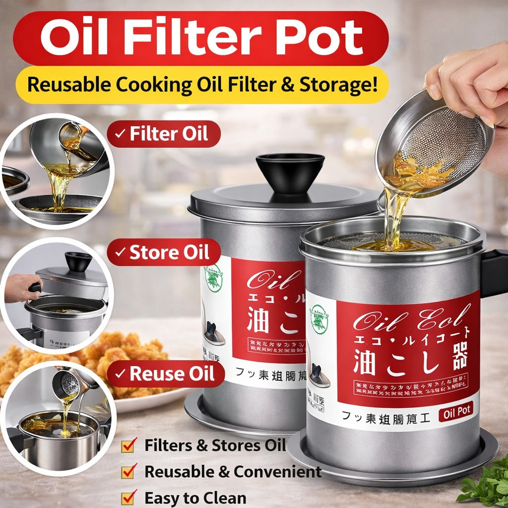 High Quality 1.4L Fryer Oil Filter Pot – Carbon Steel Oil Can with Stainless Steel Strainer Kitchen Storage Jug