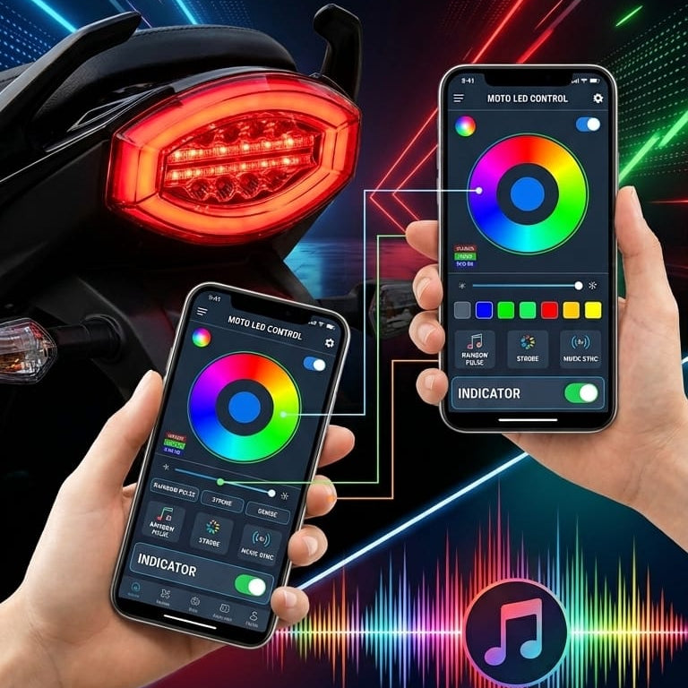 RGB LED Backlight Integrated Indicator for 125cc Bikes | Bluetooth App Control Multi-Color Tail Light | Music Sync Mode & Integrated Turn Signal Support