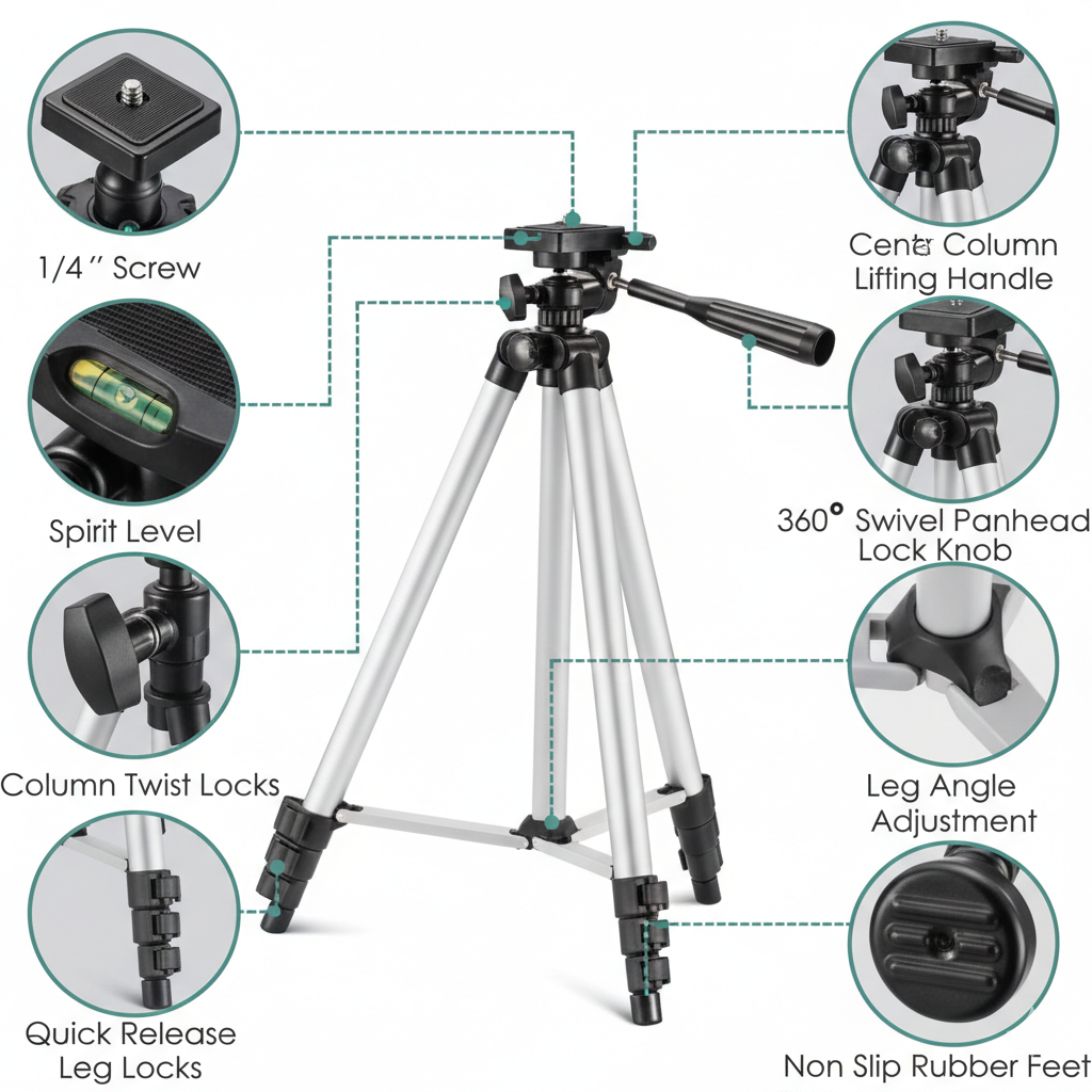 Tripod 3110 Portable Adjustable Aluminium Lightweight Camera Stand Tripod, with 3-Dimensional Head and Quick Release Plate for Video Cameras and Mobile, Black, Silver