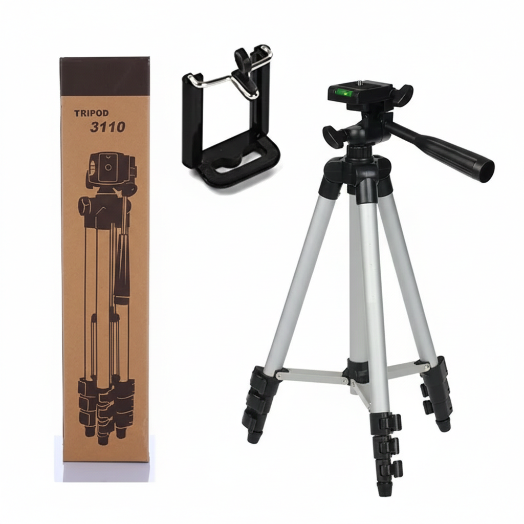 Tripod 3110 Portable Adjustable Aluminium Lightweight Camera Stand Tripod, with 3-Dimensional Head and Quick Release Plate for Video Cameras and Mobile, Black, Silver