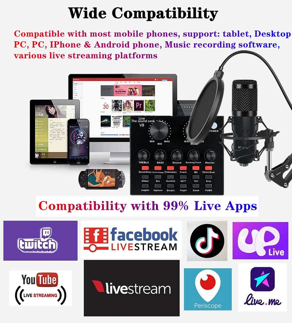 Podcast Condenser Microphone Set with Live Sound Card & Adjustable Scissor Arm Stand