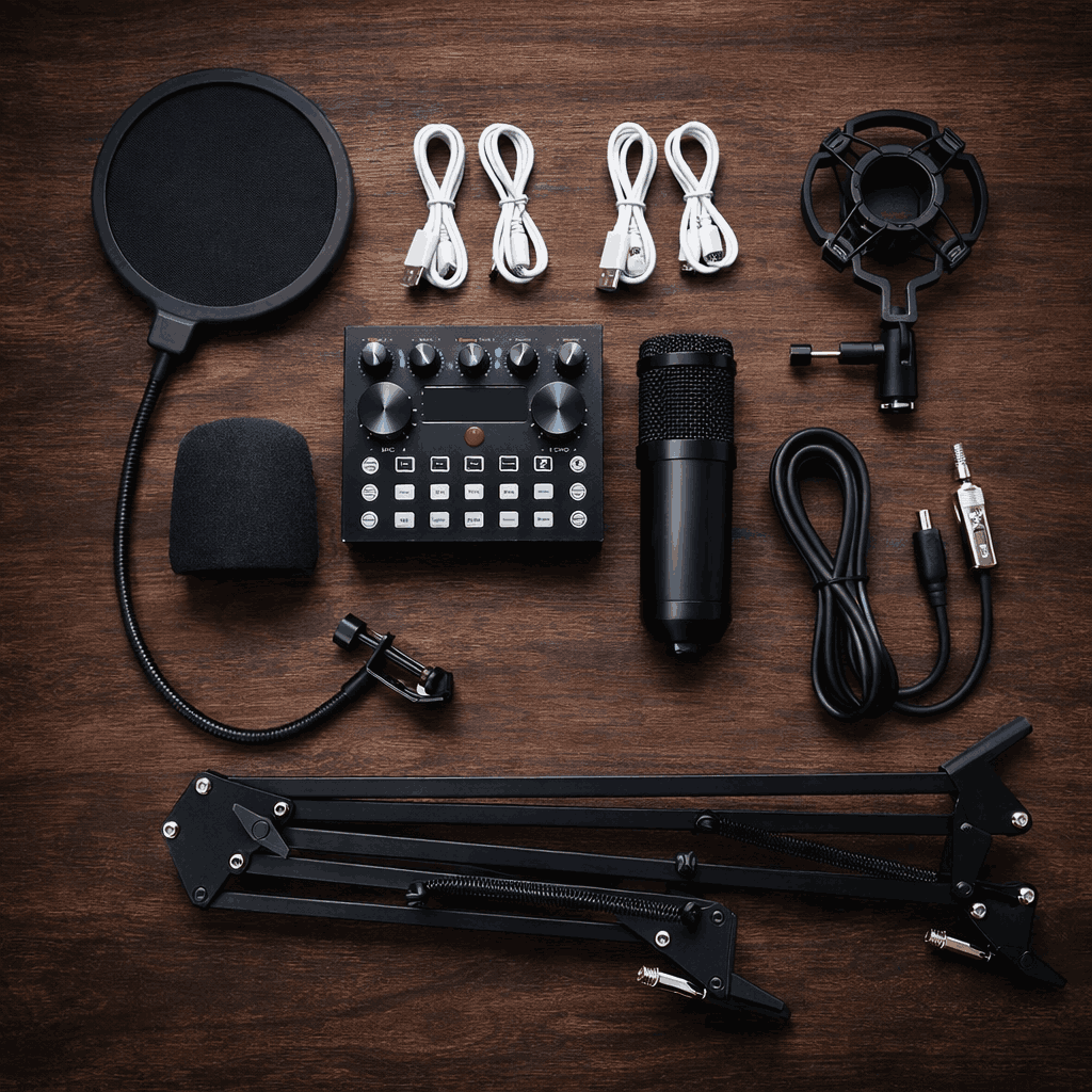 Podcast Condenser Microphone Set with Live Sound Card & Adjustable Scissor Arm Stand