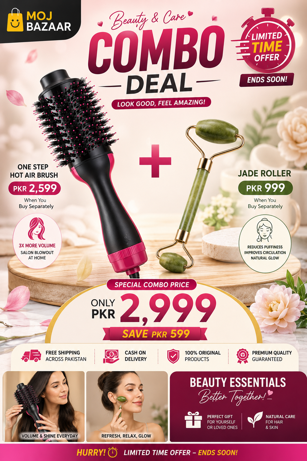 Combo deal One Step Hot Air Brush (Dryer + Styler + Straightener + and Curler) + Jade Roller for Face