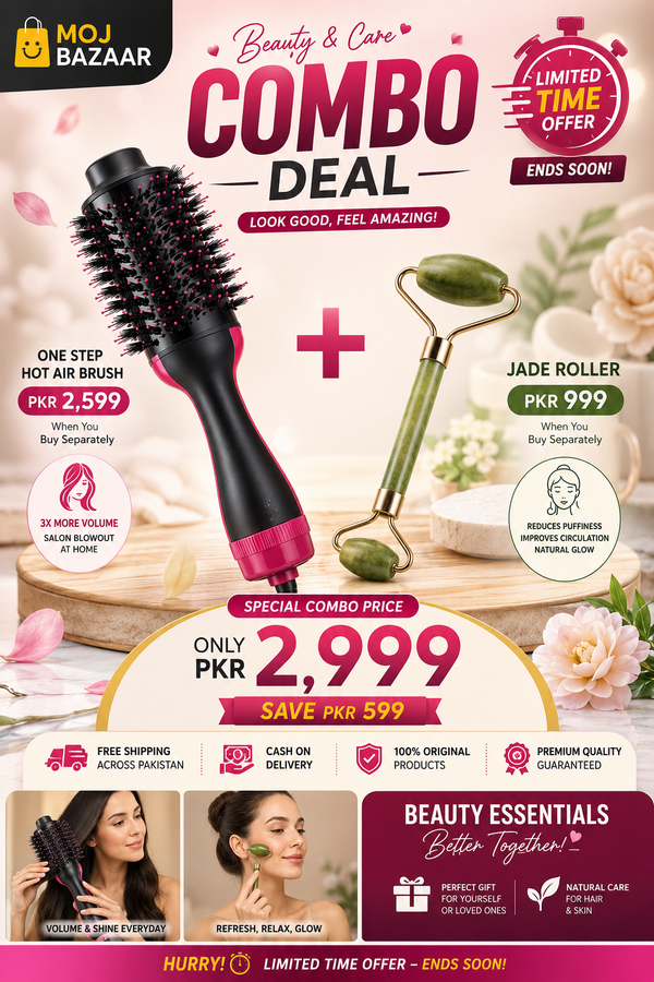 Combo deal One Step Hot Air Brush (Dryer + Styler + Straightener + and Curler) + Jade Roller for Face