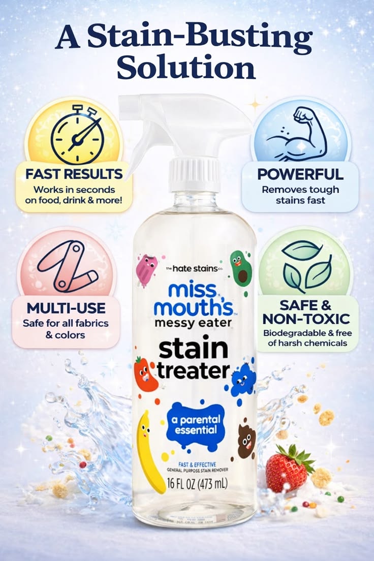 IMPORTED ! Miss Mouth's Messy Eater Stain Treater Spray - Stain Remover - Newborn & Baby Essentials - No Dry Cleaning Food, Grease, Coffee Off Laundry, Underwear, Fabric - 100ml (For every color)